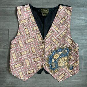 90s Beaded Satin Vest Ornamental Fan Pink & Gold Bali Chic Vintage Size L